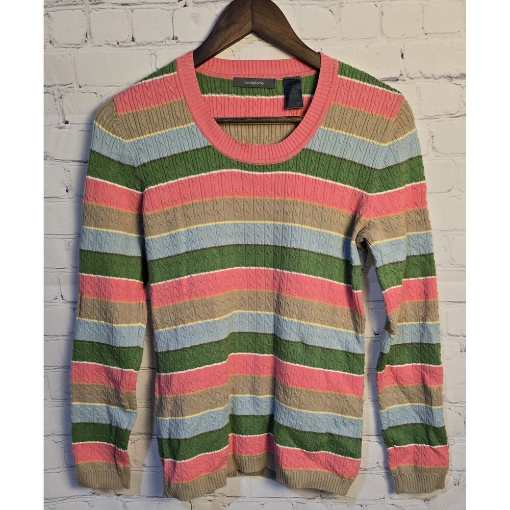 Liz Claiborne Women PM Pullover Sweater Pink Blue Green Stripe Cable Knit Preppy